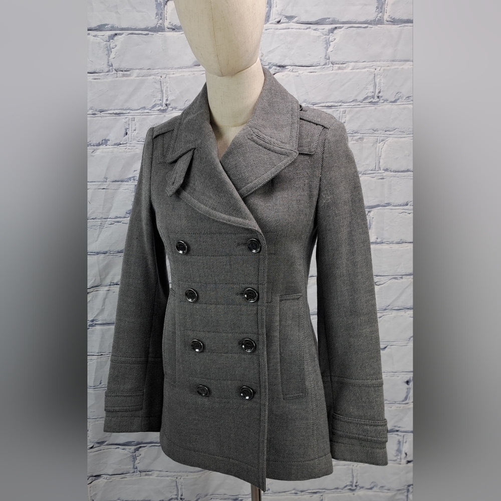 Burberry Double Breasted Pea Coat Jacket Zip Cuffs Peplum Pleated Gray Wool 2 US